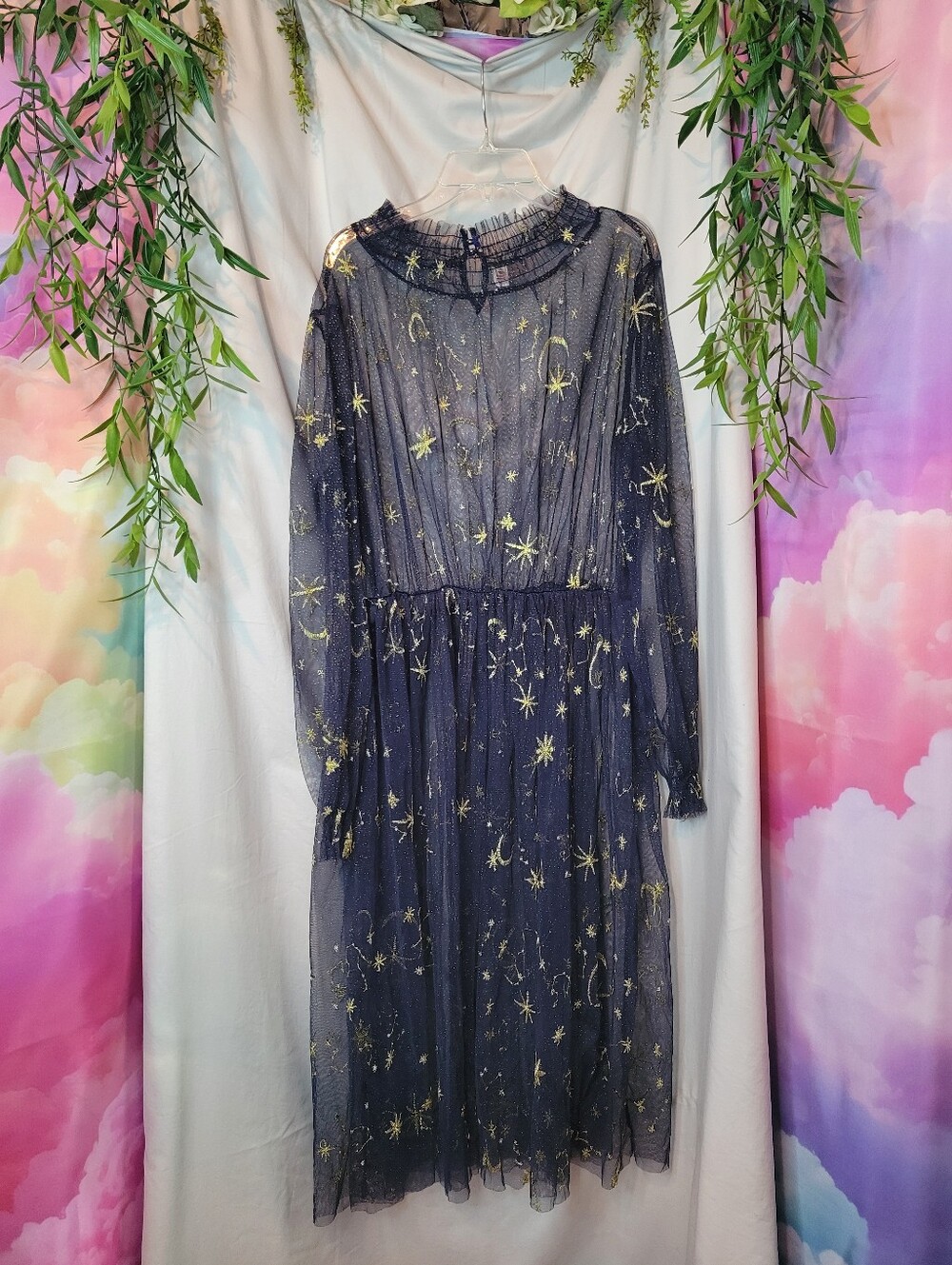 Sheer Navy Blue Long Sleeve Midi Dress with Gold Star Embroidery
